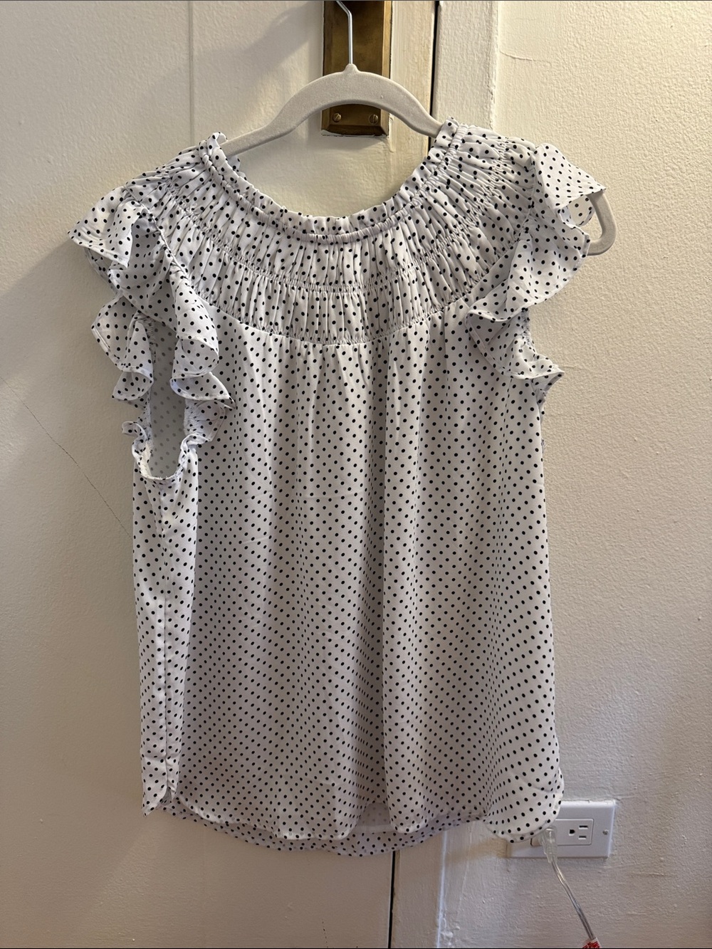 LOFT White Blouse with Black Polka Dots and Ruffle Sleeves